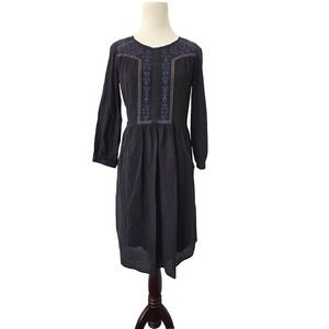Wrap London Black Embroidered Cotton Midi Dress Long Sleeve Pockets Cottage Sz 4
